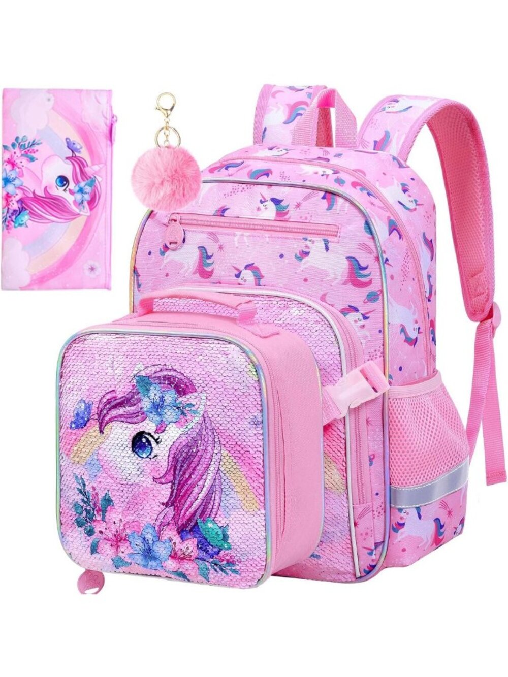3PC Unicorn Sequin Backpack Set for Girls - Water Resistant Bookbag & Lunch Bag